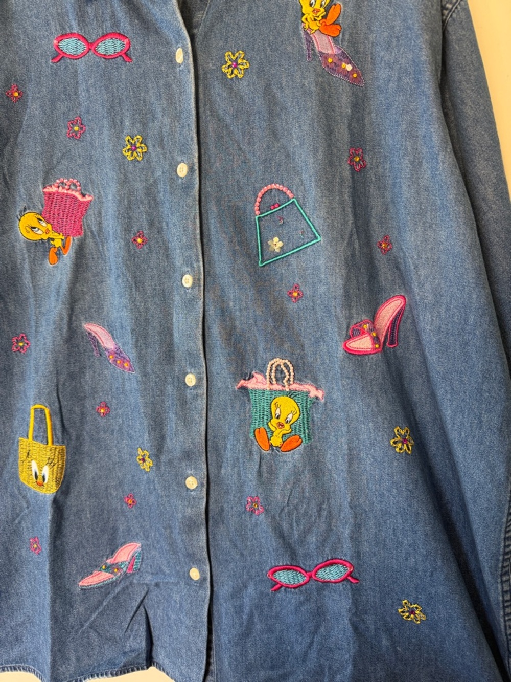 Vintage Tweety Bird Denim Shirt Embroidered Y2K Warner Bros XL Oversized - Picture 7 of 7